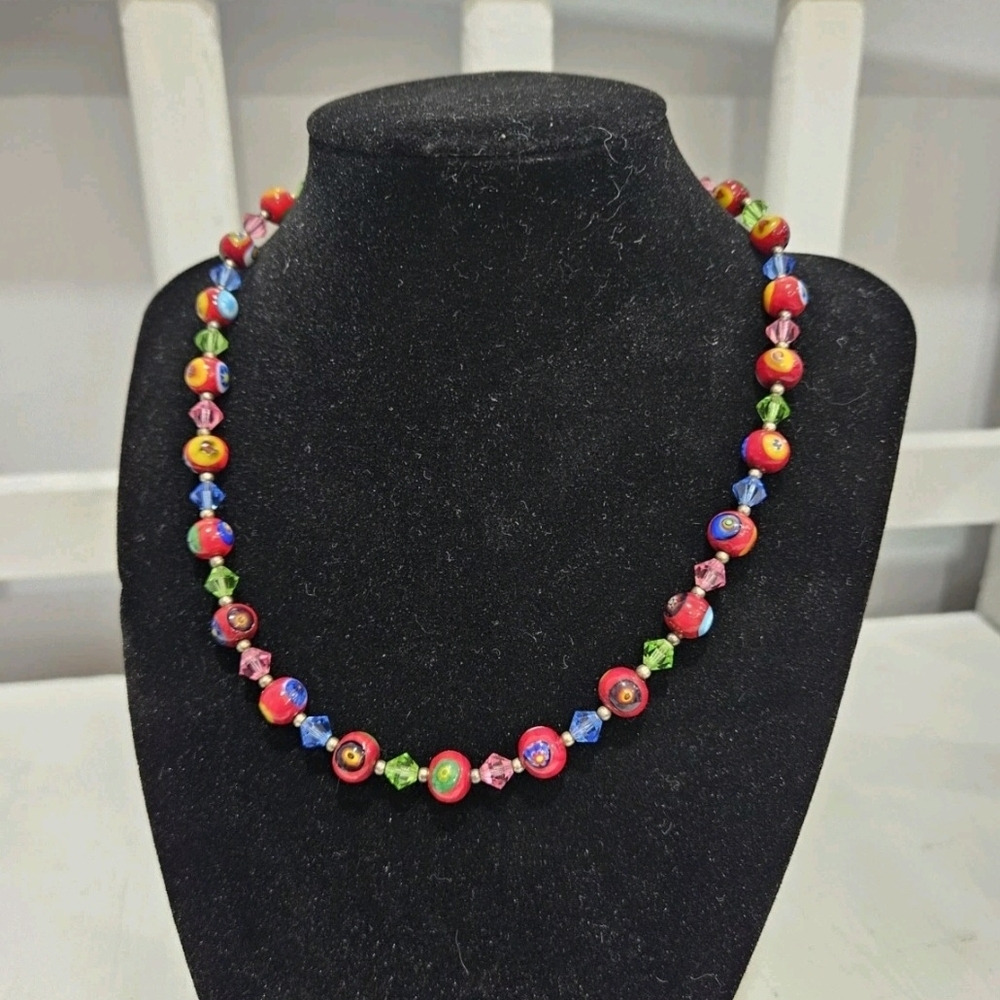 Lady Clover Millefiori Glass & Plastic Beaded Necklace 16"-18"